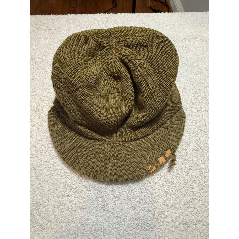 Vintage Olive Drab Green Knit Jeep Cap Beanie Visor Hat Distressed Size M